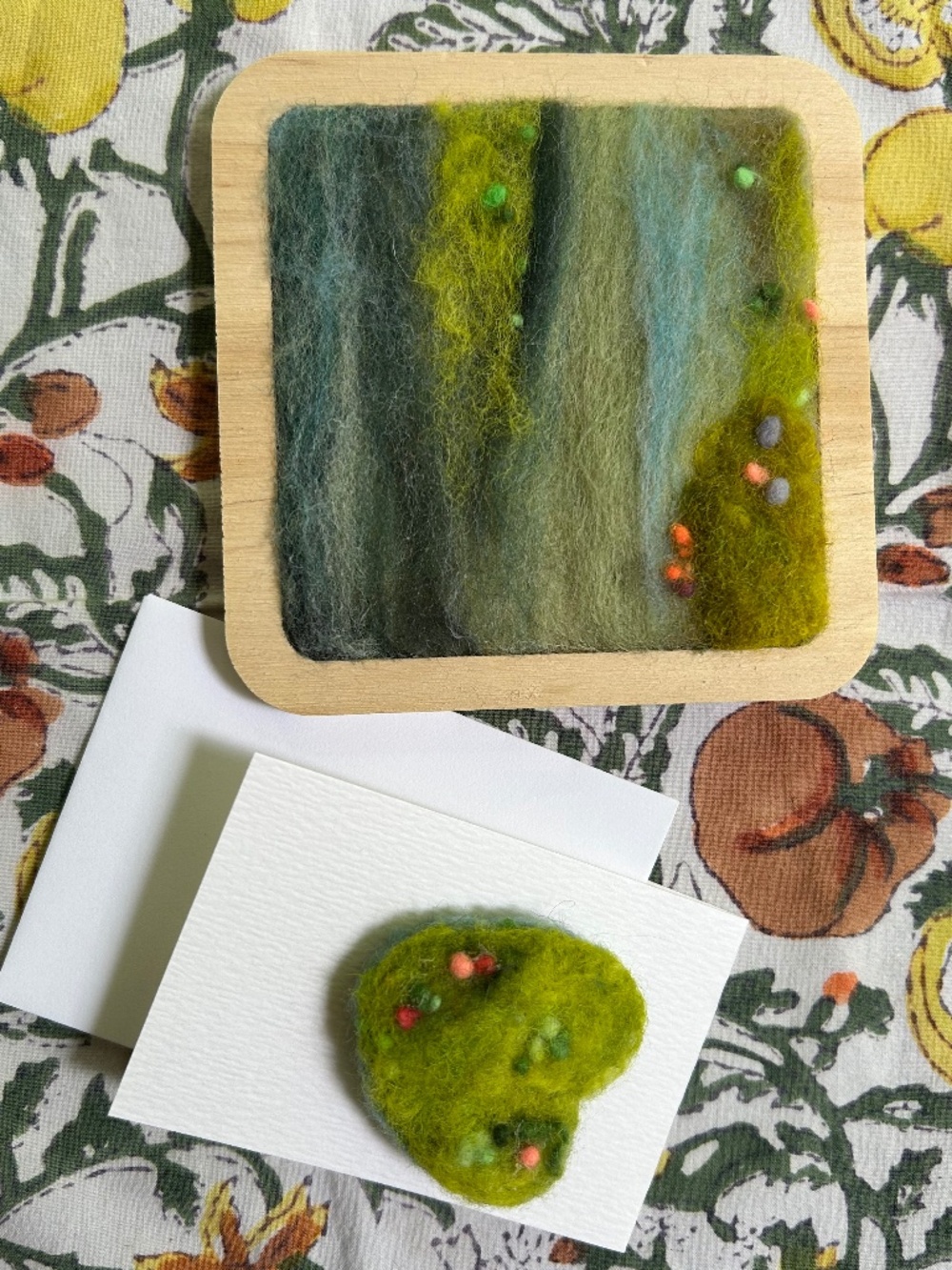 NWT “Meadow" is a handmade and handcrafted wool painting with brooch card